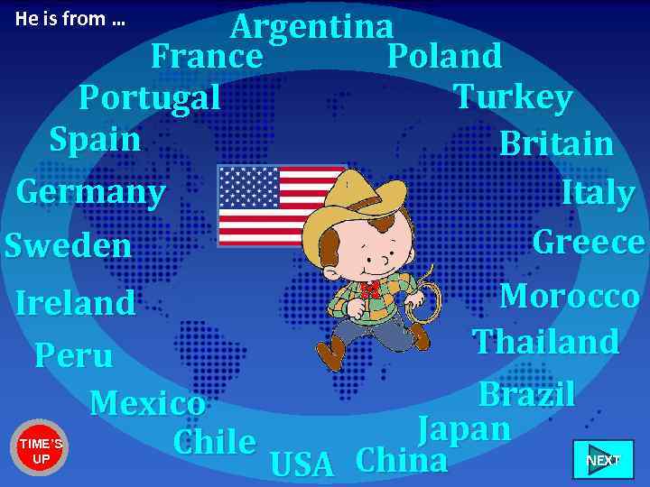 Argentina France Poland Turkey Portugal Spain Britain Germany Italy Greece Sweden Morocco Ireland Thailand