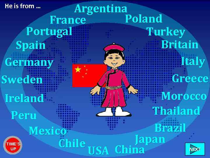 Argentina Poland France Portugal Turkey Britain Spain Italy Germany Greece Sweden Morocco Ireland Thailand