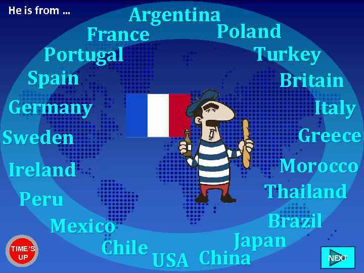 Argentina Poland France Turkey Portugal Spain Britain Germany Italy Greece Sweden Morocco Ireland Thailand