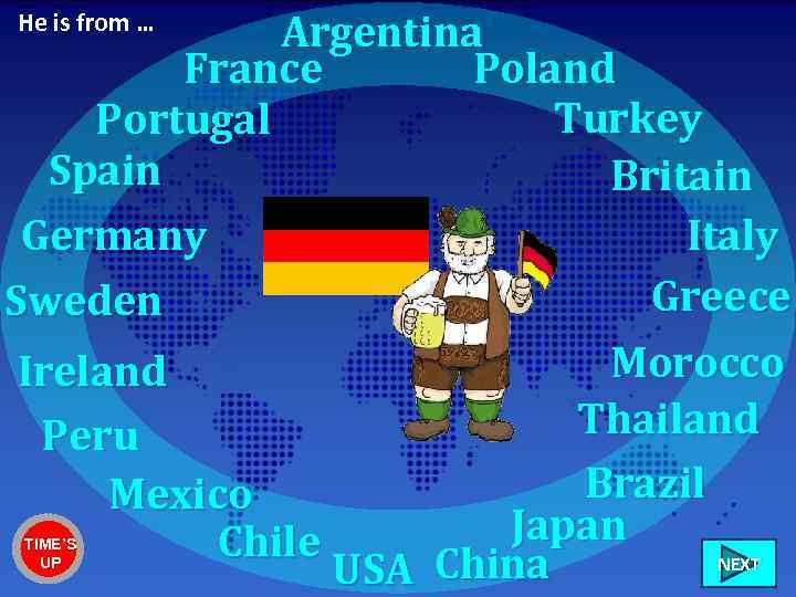 Argentina France Poland Turkey Portugal Spain Britain Germany Italy Greece Sweden Morocco Ireland Thailand