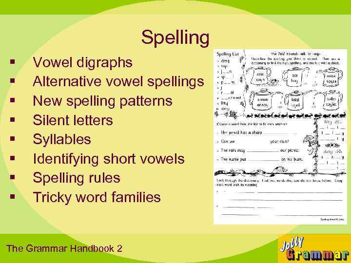 Spelling § § § § Vowel digraphs Alternative vowel spellings New spelling patterns Silent