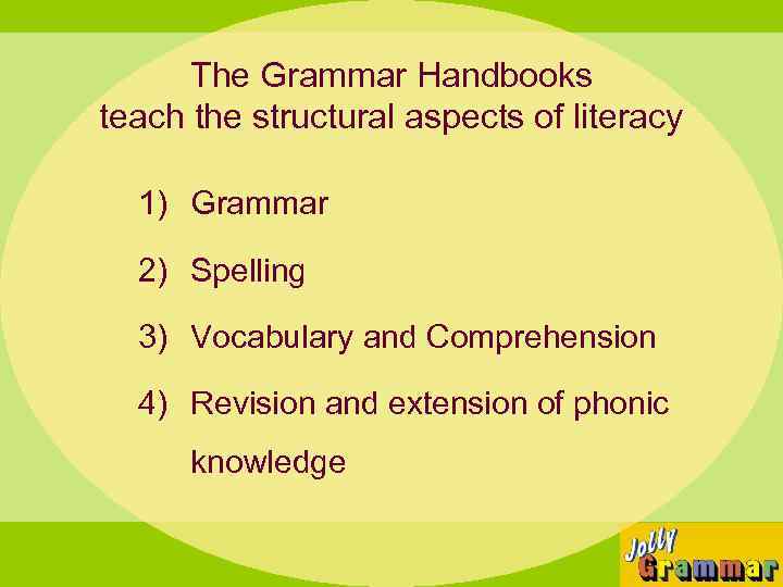 The Grammar Handbooks teach the structural aspects of literacy 1) Grammar 2) Spelling 3)