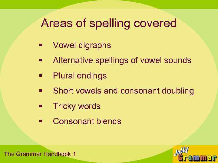 Areas of spelling covered § Vowel digraphs § Alternative spellings of vowel sounds §