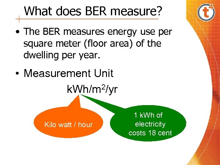 What does BER measure? • The BER measures energy use per square meter (floor