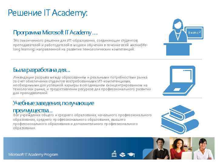 Решение IT Academy: Программа Microsoft IT Academy …. Это законченного решение для ИТ-образования, соединяющее