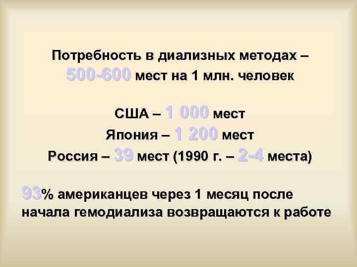 Потребность в диализных методах – 500 -600 мест на 1 млн. человек США –