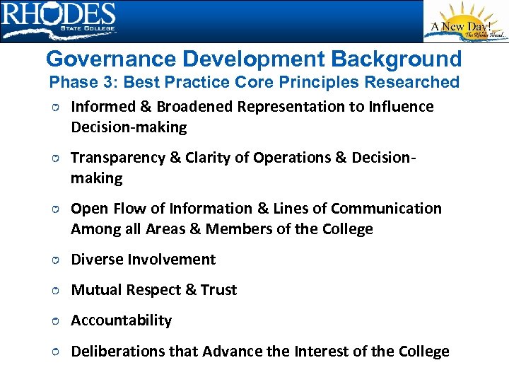 Governance Development Background Phase 3: Best Practice Core Principles Researched Informed & Broadened Representation