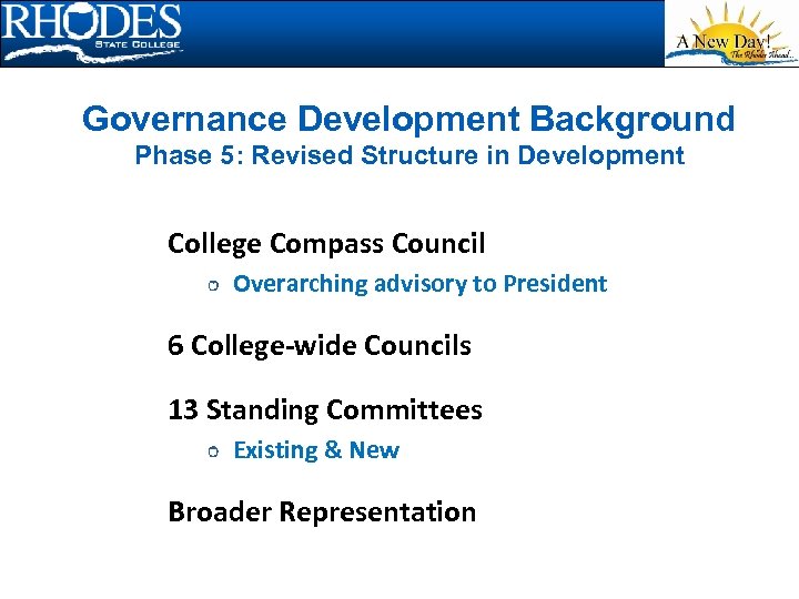 Governance Development Background Phase 5: Revised Structure in Development College Compass Council Overarching advisory
