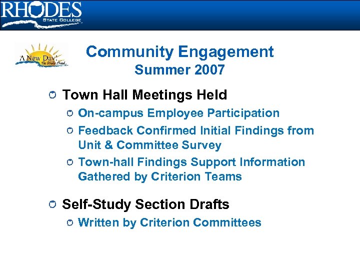 Community Engagement Summer 2007 Town Hall Meetings Held On-campus Employee Participation Feedback Confirmed Initial