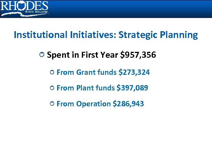 Institutional Initiatives: Strategic Planning Spent in First Year $957, 356 From Grant funds $273,