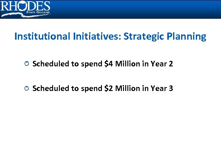 Institutional Initiatives: Strategic Planning Scheduled to spend $4 Million in Year 2 Scheduled to