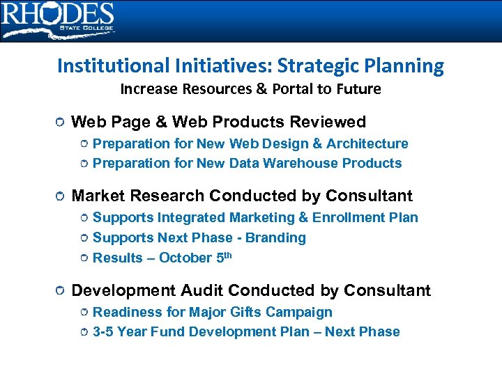 Institutional Initiatives: Strategic Planning Increase Resources & Portal to Future Web Page & Web