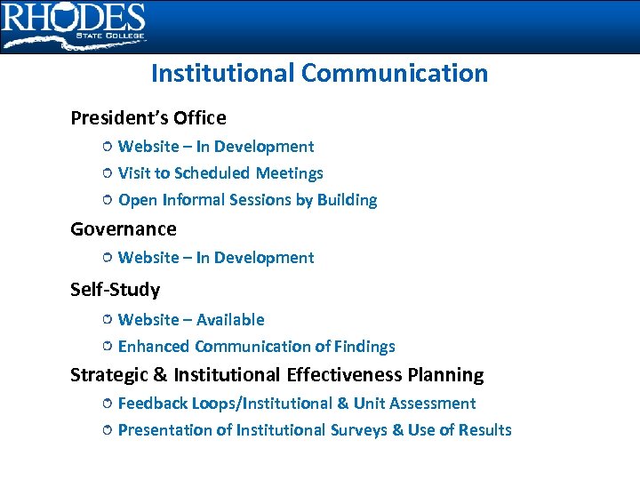 Institutional Communication President’s Office Website – In Development Visit to Scheduled Meetings Open Informal