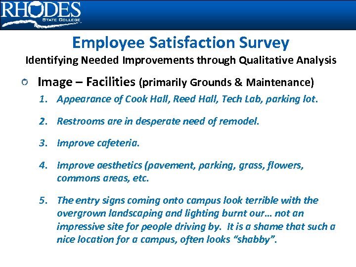 Employee Satisfaction Survey Identifying Needed Improvements through Qualitative Analysis Image – Facilities (primarily Grounds