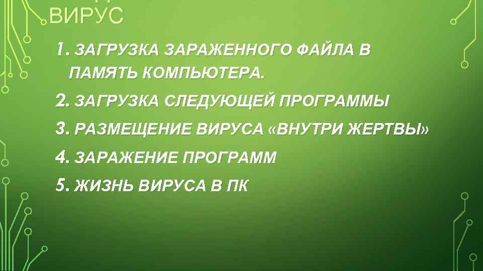 ВИРУС 1. ЗАГРУЗКА ЗАРАЖЕННОГО ФАЙЛА В ПАМЯТЬ КОМПЬЮТЕРА. 2. ЗАГРУЗКА СЛЕДУЮЩЕЙ ПРОГРАММЫ 3. РАЗМЕЩЕНИЕ