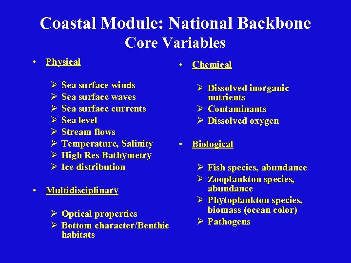 Coastal Module: National Backbone Core Variables • Physical Ø Ø Ø Ø Sea surface