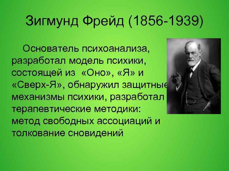 Зигмунд Фрейд (1856 -1939) Основатель психоанализа, разработал модель психики, состоящей из «Оно» , «Я»