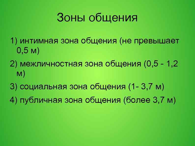 Зоны общения 1) интимная зона общения (не превышает 0, 5 м) 2) межличностная зона