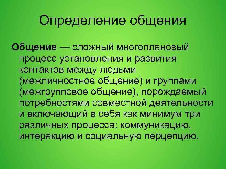 Определение общения Общение — сложный многоплановый процесс установления и развития контактов между людьми (межличностное