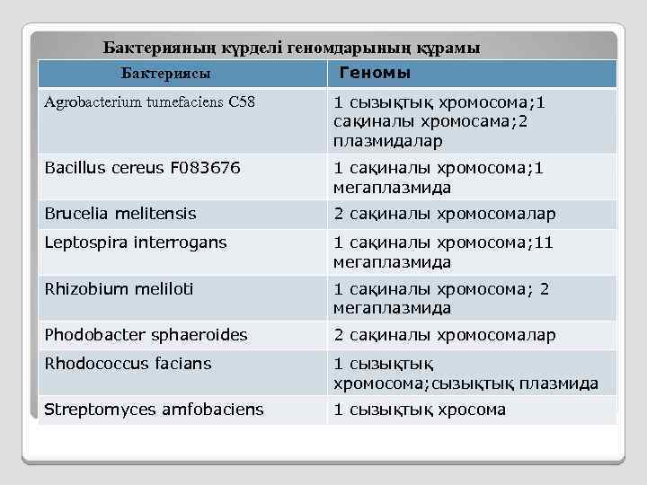 Бактерияның күрделі геномдарының құрамы Бактериясы Геномы Agrobacterium tumefaciens C 58 1 сызықтық хромосома; 1