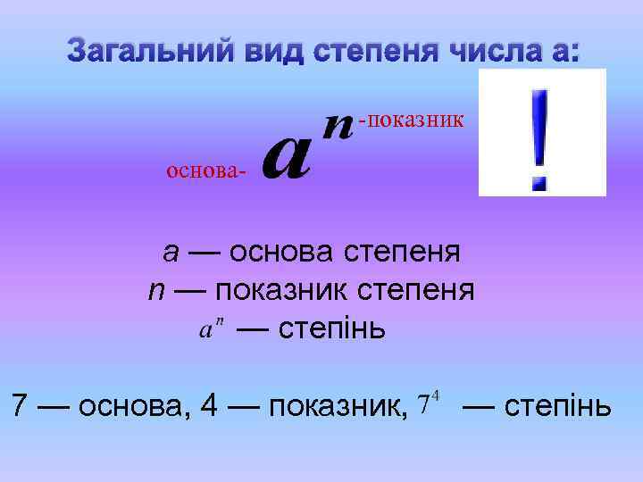 Загальний вид степеня числа а: -показник основа- а — основа степеня n — показник