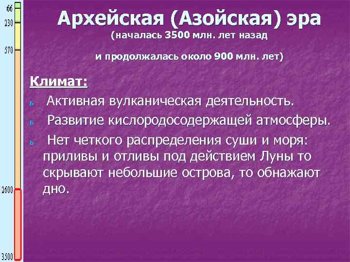 Архейская (Азойская) эра (началась 3500 млн. лет назад и продолжалась около 900 млн. лет)