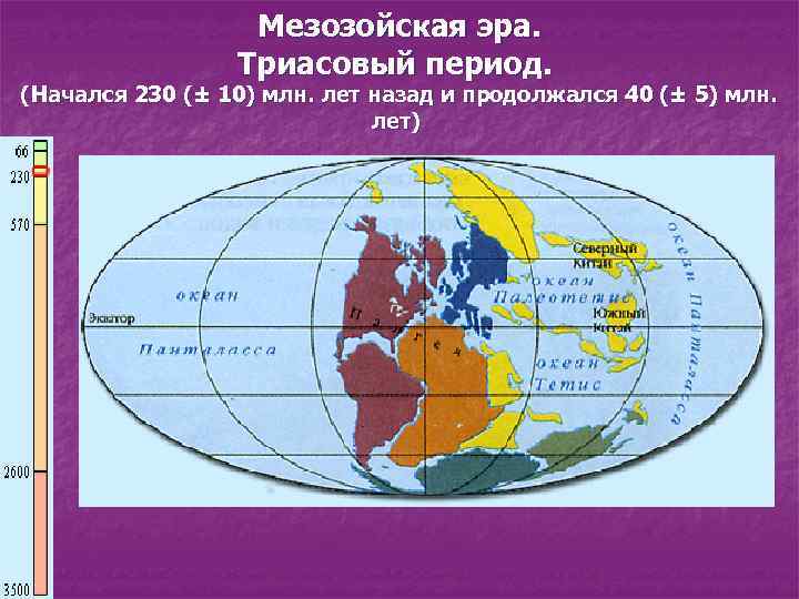 Мезозойская эра. Триасовый период. (Начался 230 (± 10) млн. лет назад и продолжался 40