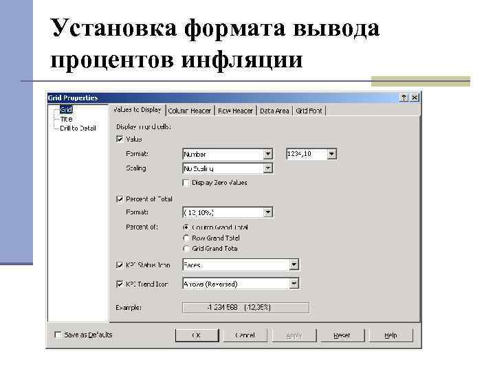 Установка формата вывода процентов инфляции 