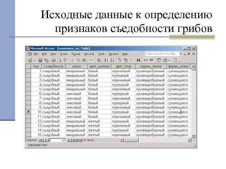 Исходные данные к определению признаков съедобности грибов 