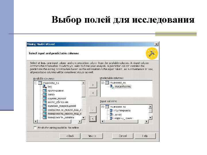 Выбор полей для исследования 