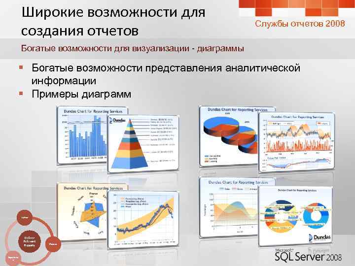 Широкие возможности для создания отчетов Службы отчетов 2008 Богатые возможности для визуализации - диаграммы