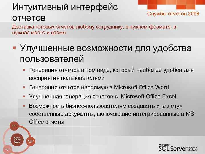 Интуитивный интерфейс отчетов Службы отчетов 2008 Доставка готовых отчетов любому сотруднику, в нужном формате,