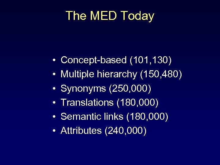 The MED Today • • • Concept-based (101, 130) Multiple hierarchy (150, 480) Synonyms