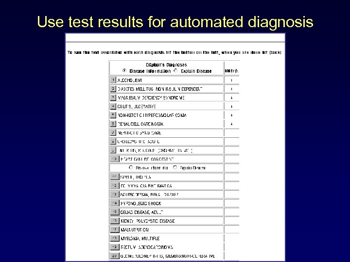 Use test results for automated diagnosis 