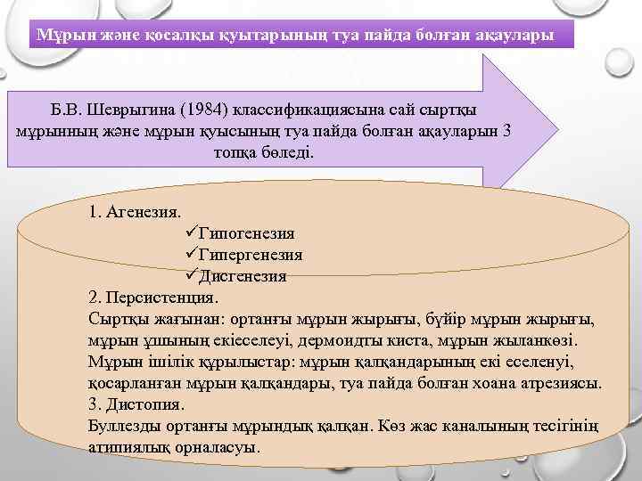 Мұрын және қосалқы қуытарының туа пайда болған ақаулары Б. В. Шеврыгина (1984) классификациясына сай