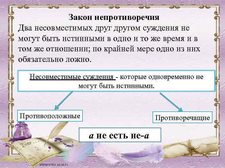 Закон непротиворечия Два несовместимых другом суждения не могут быть истинными в одно и то