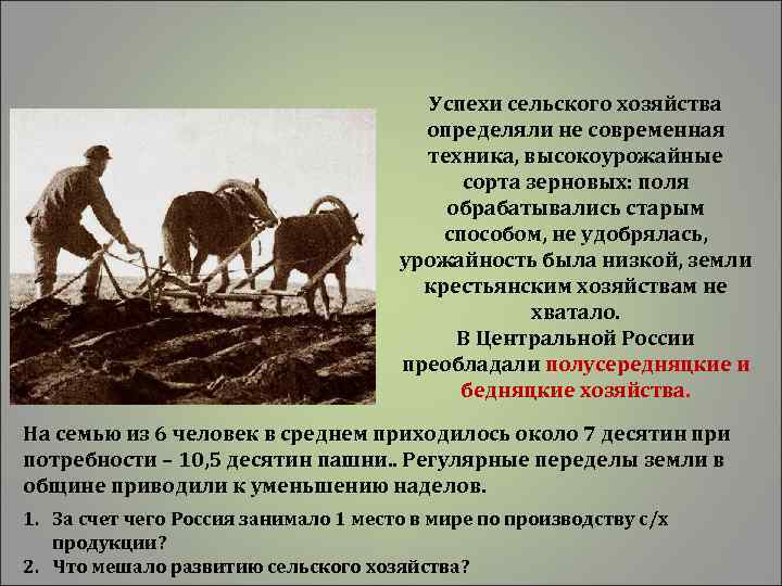 Успехи сельского хозяйства определяли не современная техника, высокоурожайные сорта зерновых: поля обрабатывались старым способом,