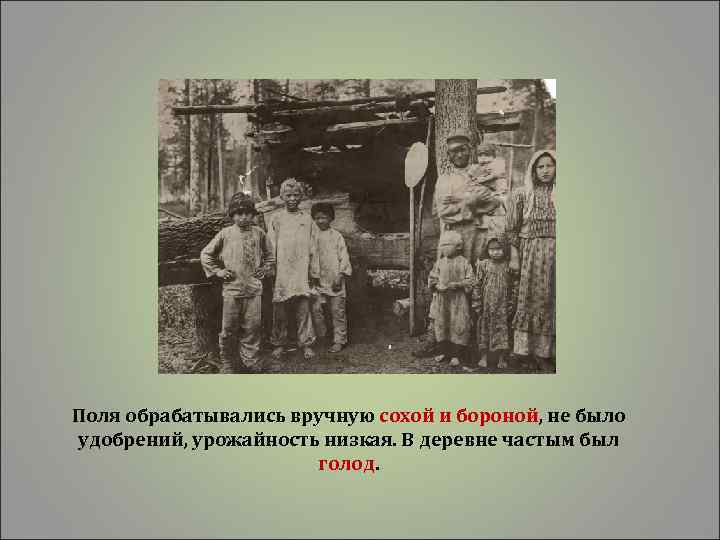 Поля обрабатывались вручную сохой и бороной, не было удобрений, урожайность низкая. В деревне частым