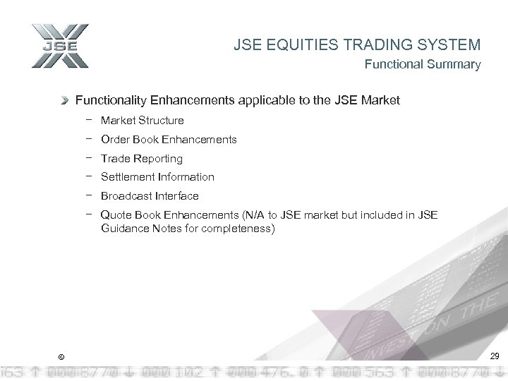 JSE EQUITIES TRADING SYSTEM Functional Summary Functionality Enhancements applicable to the JSE Market −
