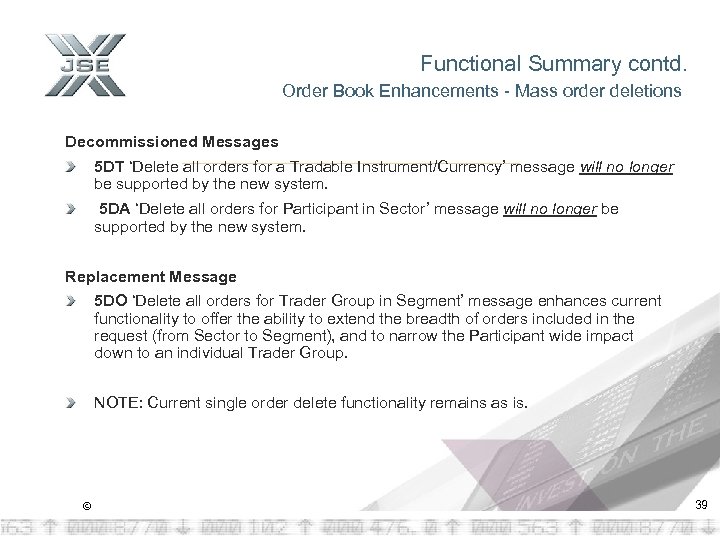Functional Summary contd. Order Book Enhancements - Mass order deletions Decommissioned Messages 5 DT