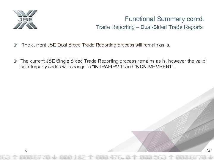 Functional Summary contd. Trade Reporting – Dual-Sided Trade Reports The current JSE Dual Sided