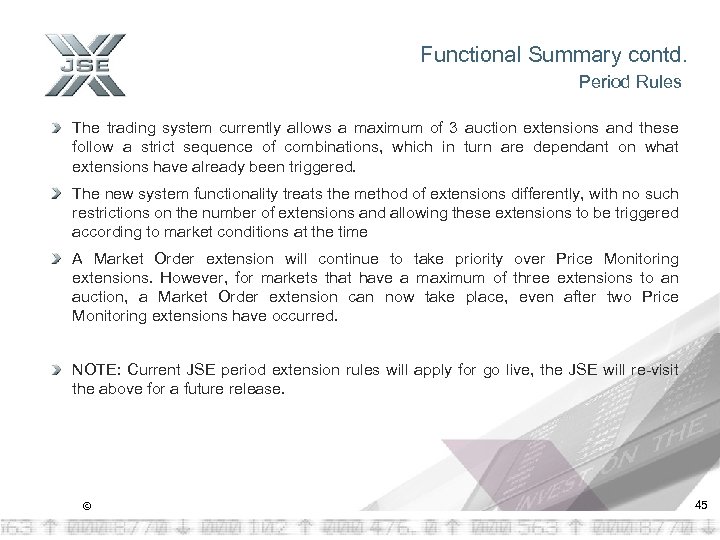 Functional Summary contd. Period Rules The trading system currently allows a maximum of 3