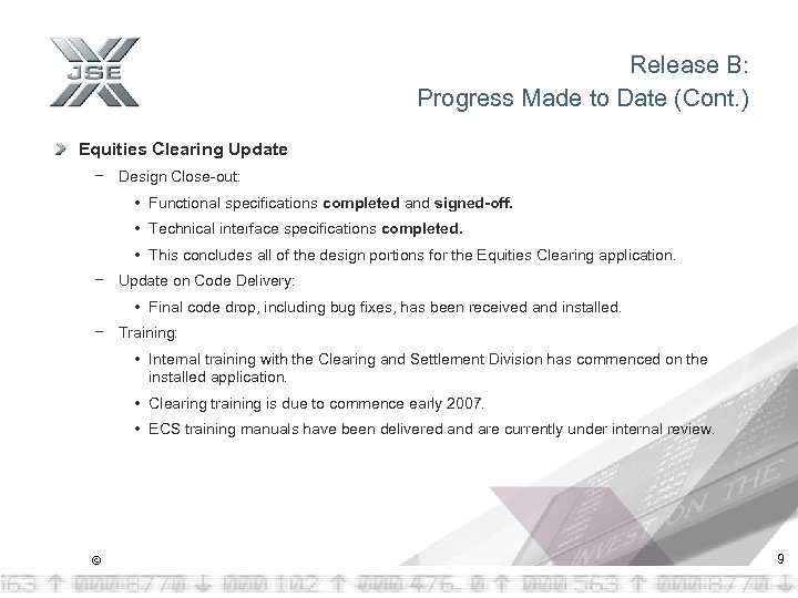 Release B: Progress Made to Date (Cont. ) Equities Clearing Update − Design Close-out: