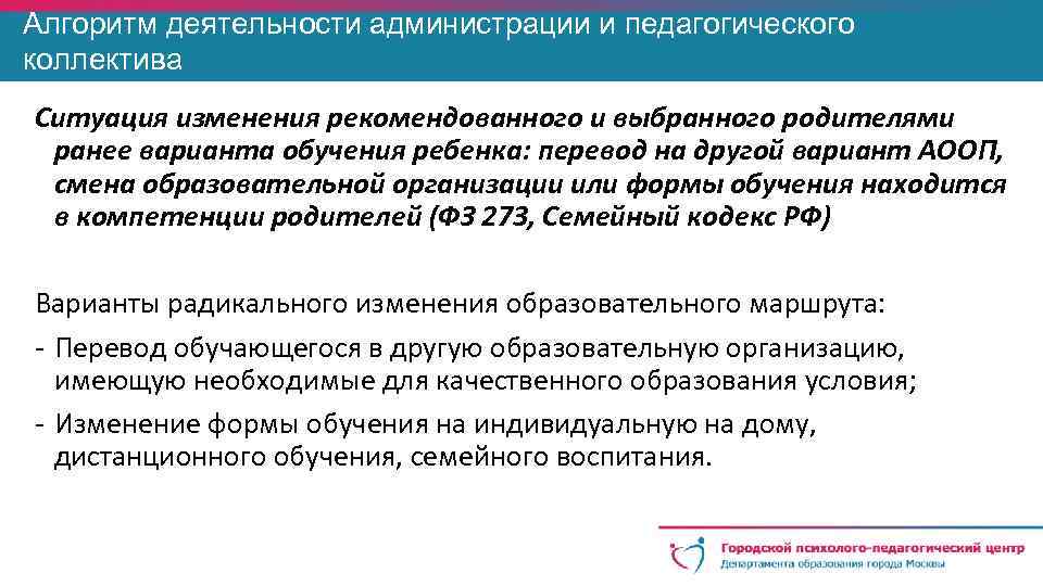 Алгоритм деятельности администрации и педагогического коллектива Ситуация изменения рекомендованного и выбранного родителями ранее варианта