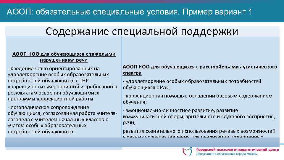 АООП: обязательные специальные условия. Пример вариант 1 Содержание специальной поддержки АООП НОО для обучающихся