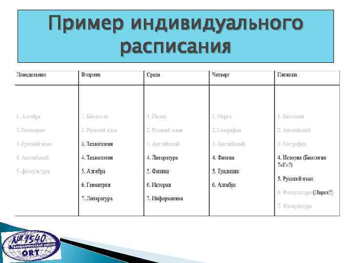 Пример индивидуального расписания 