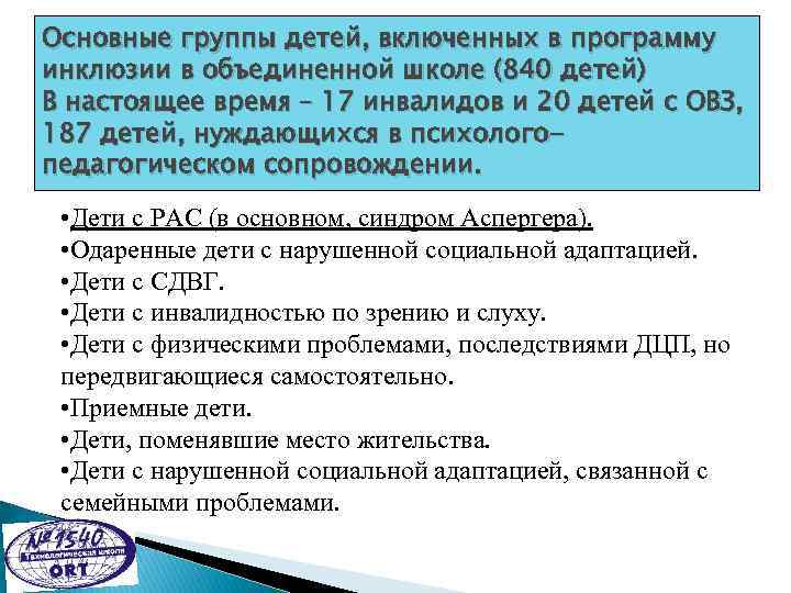 Основные группы детей, включенных в программу инклюзии в объединенной школе (840 детей) В настоящее