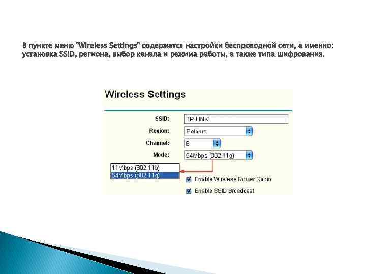В пункте меню "Wireless Settings" содержатся настройки беспроводной сети, а именно: установка SSID, региона,