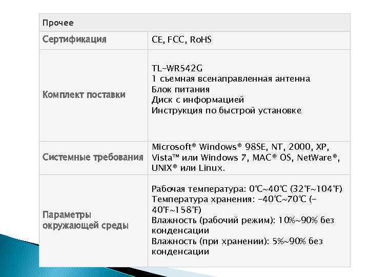 Прочее Сертификация Комплект поставки CE, FCC, Ro. HS TL-WR 542 G 1 съемная всенаправленная