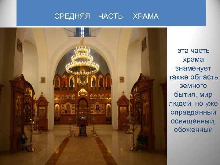 СРЕДНЯЯ ЧАСТЬ ХРАМА эта часть храма знаменует также область земного бытия, мир людей, но